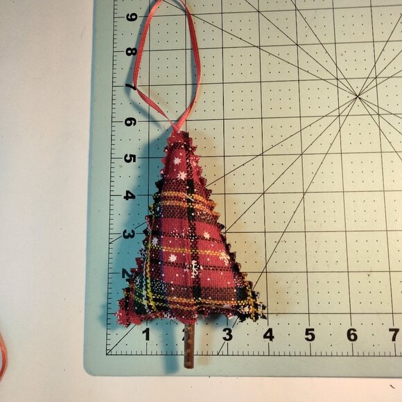 Snowflake Plaid  Christmas Tree Ornament Red Black  Fabric Ribbon Hanger - Picture 3 of 4